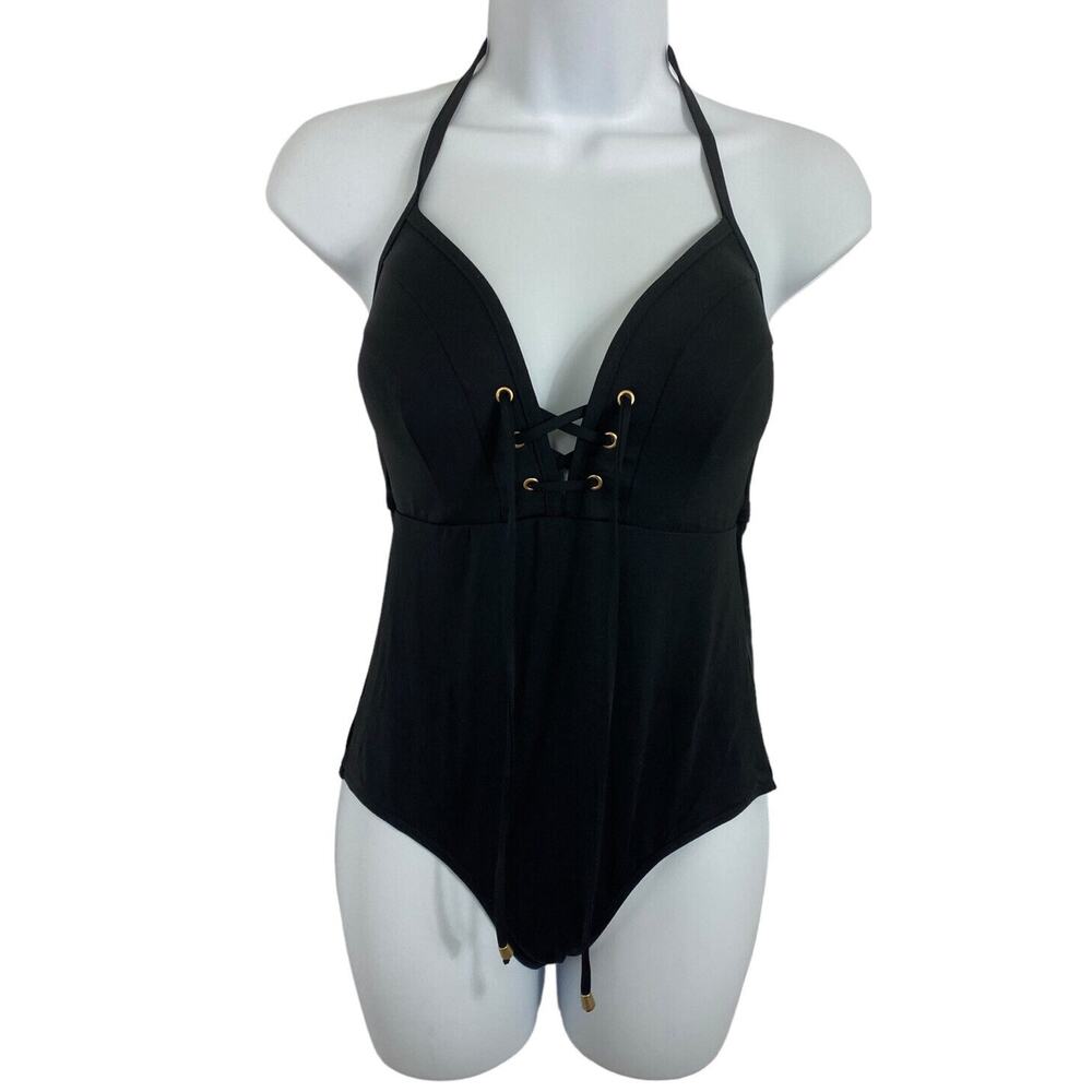 Nip Tuck One Piece Swimsuit Women’s Sz 6 US Black Laced Lattice Front Plunge
